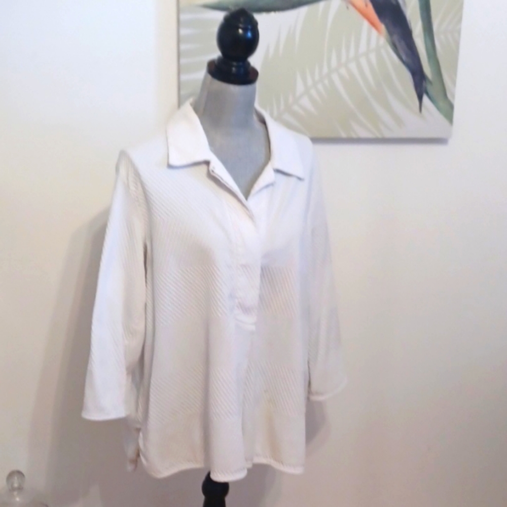 Marla Wynn Womens Blouse Top /4 Sleeves Hidden Placket Collar White GUC Large